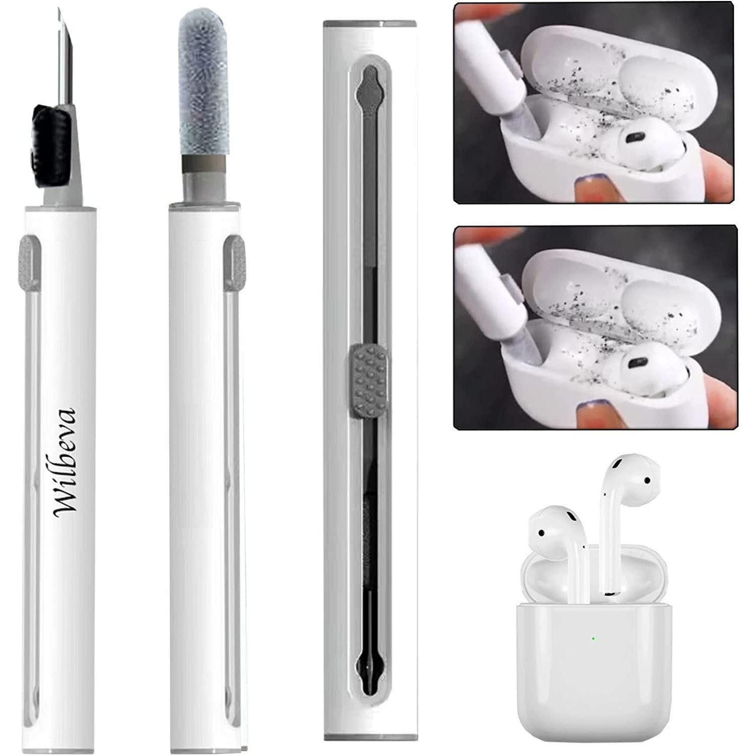 A collage of three images. There is an AirPod cleaning pen along with a dirty pair and a clean pair of AirPods. 