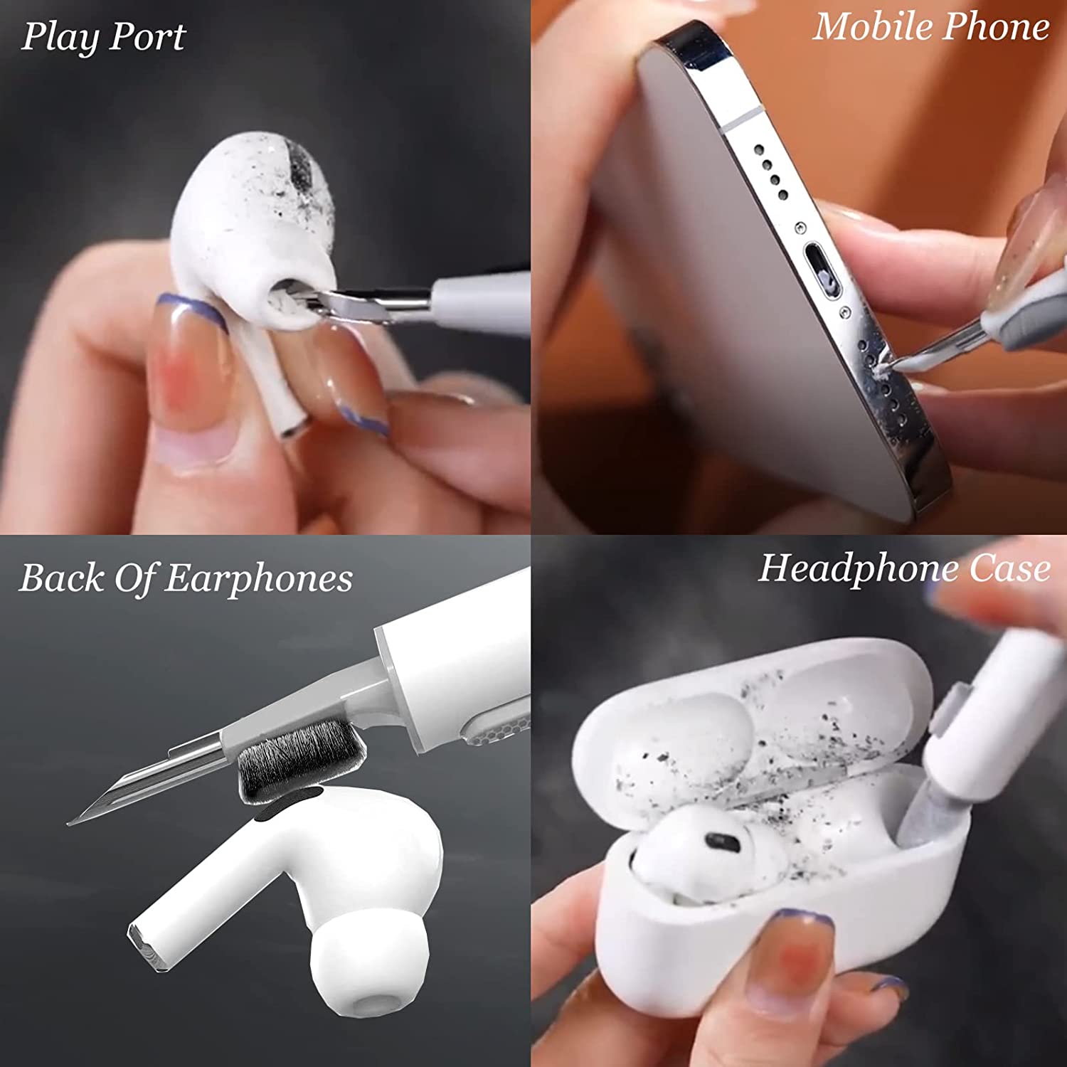 A pair of hands are using an AirPod cleaning pen to clean a pair of dirty AirPods.