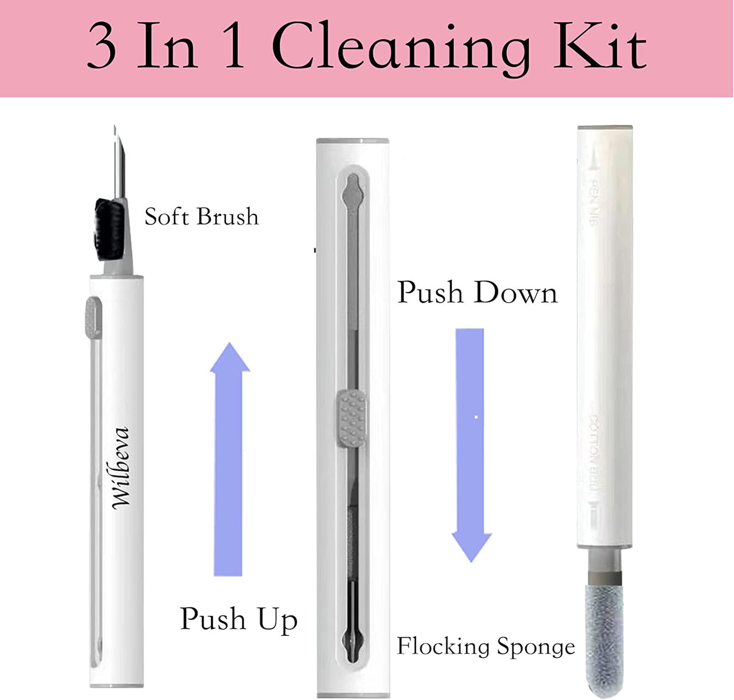 A 3 in 1 AirPod cleaning pen showing how to access the soft brush and sponge.