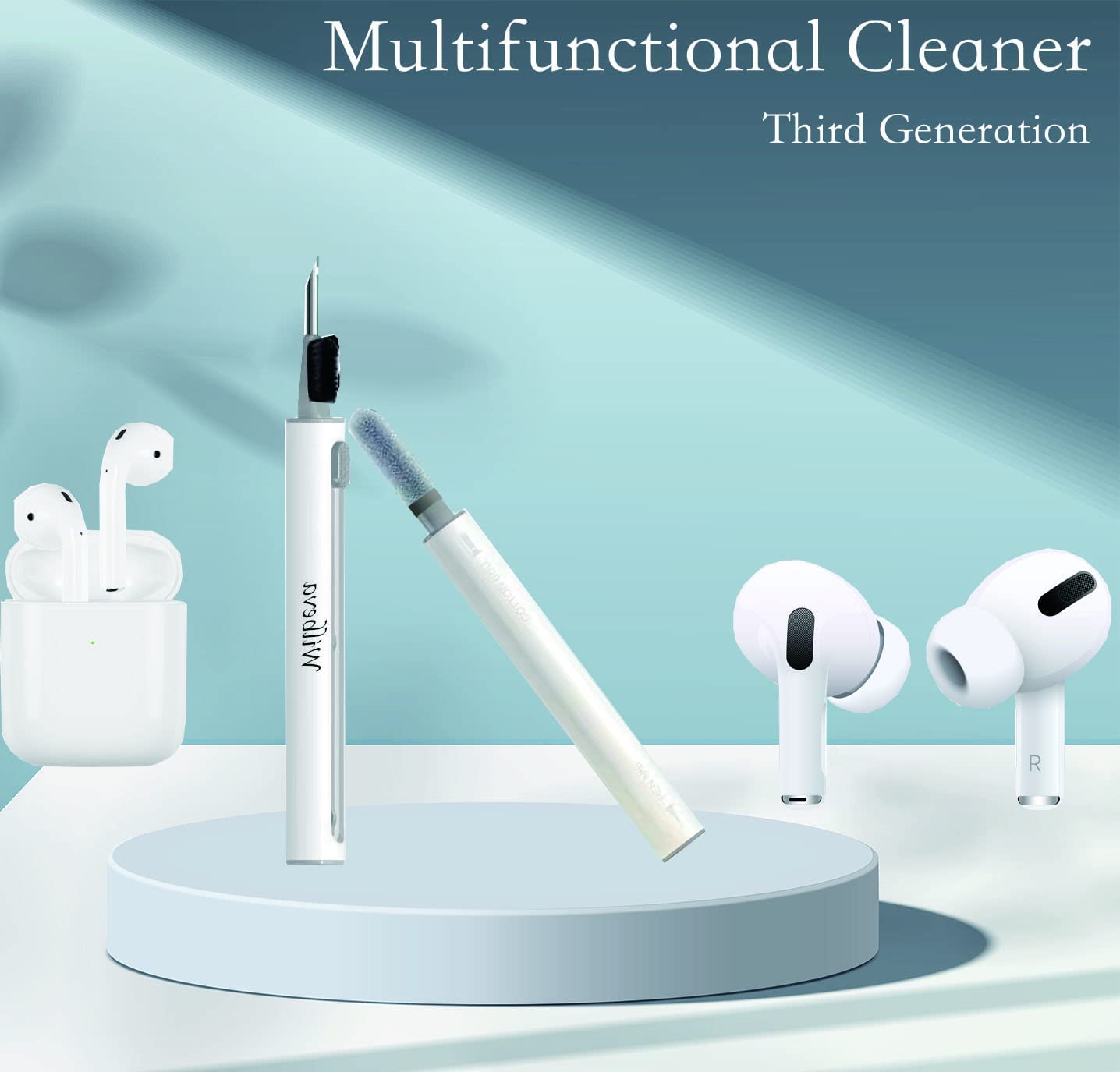 An AirPod cleaning pen along with two pairs of clean AirPods. There is text which says, 'Multifunctional cleaner third generation.'