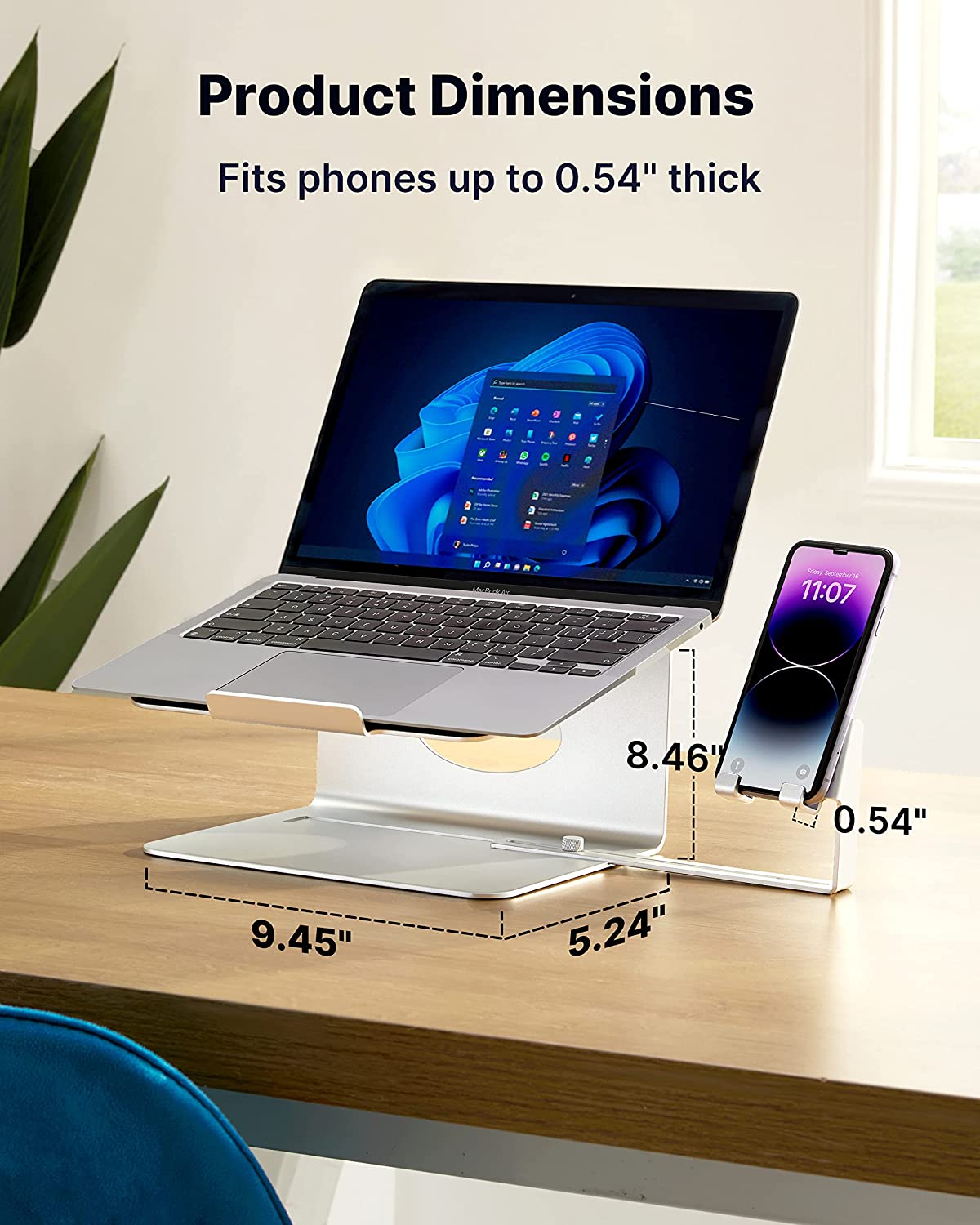 Product dimensions for a laptop stand with phone holder. It measures, 9.45 inches in length, 5.24 inches in depth and 8.46 inches in height.
