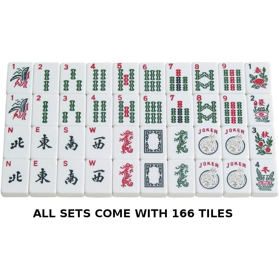 A large variety of MahJong tiles laid out. There is text which says, 'All sets come with 166 tiles.'