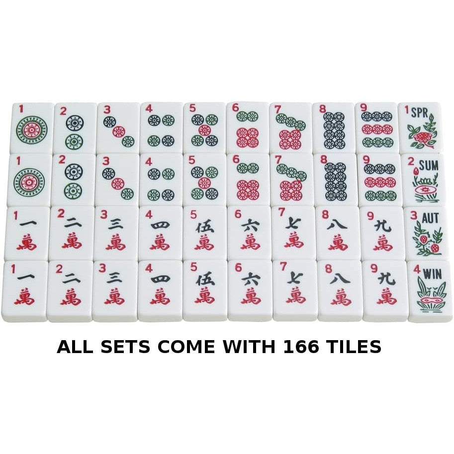 A large variety of MahJong tiles laid out. There is text which says, 'All sets come with 166 tiles.'
