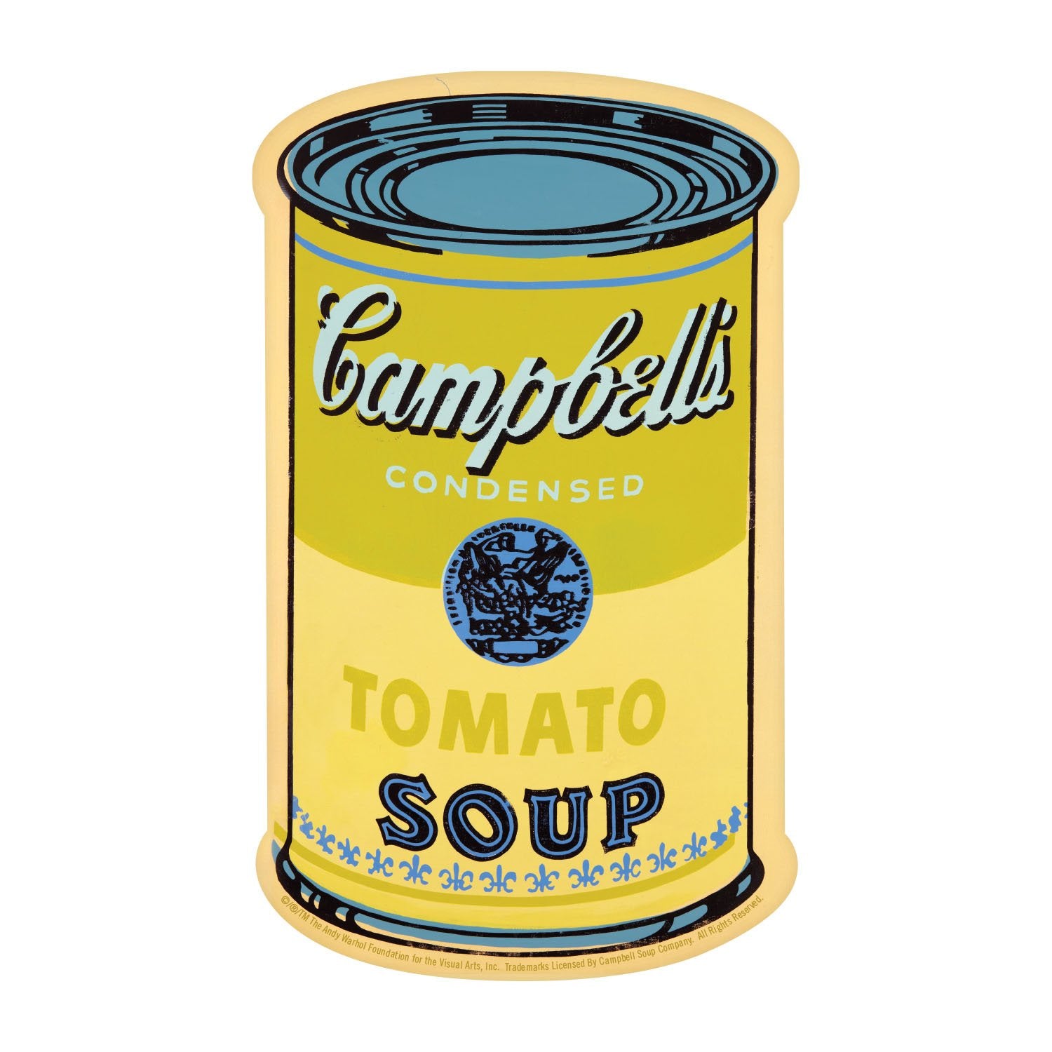 A playing card from the Andy Warhol memory game. This card is the iconic Campbells Condensed Tomato Soup image in yelllow.