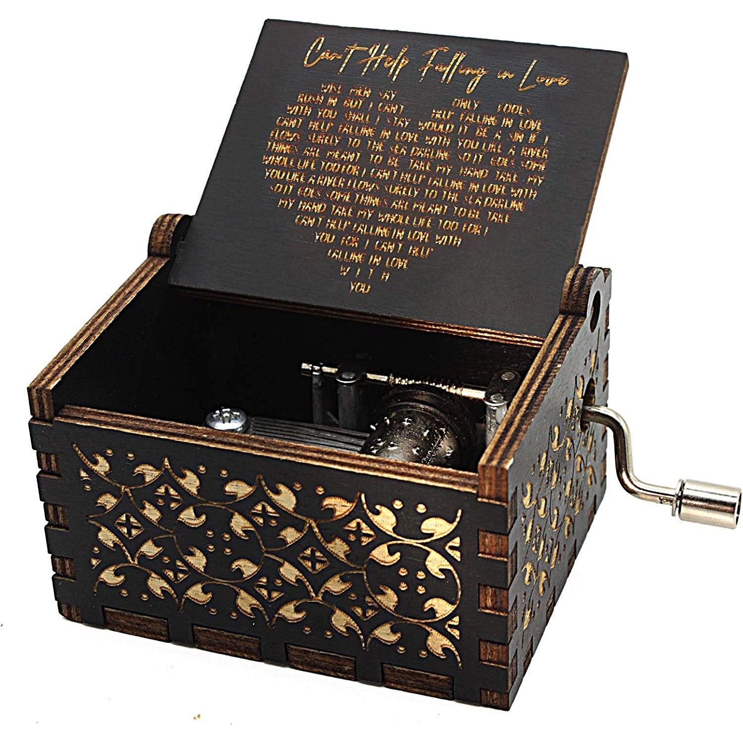 An antique style wooden music box with a crank handle and the lyrics for the song, 'Can't Help Falling In Love' engraved inside the lid.