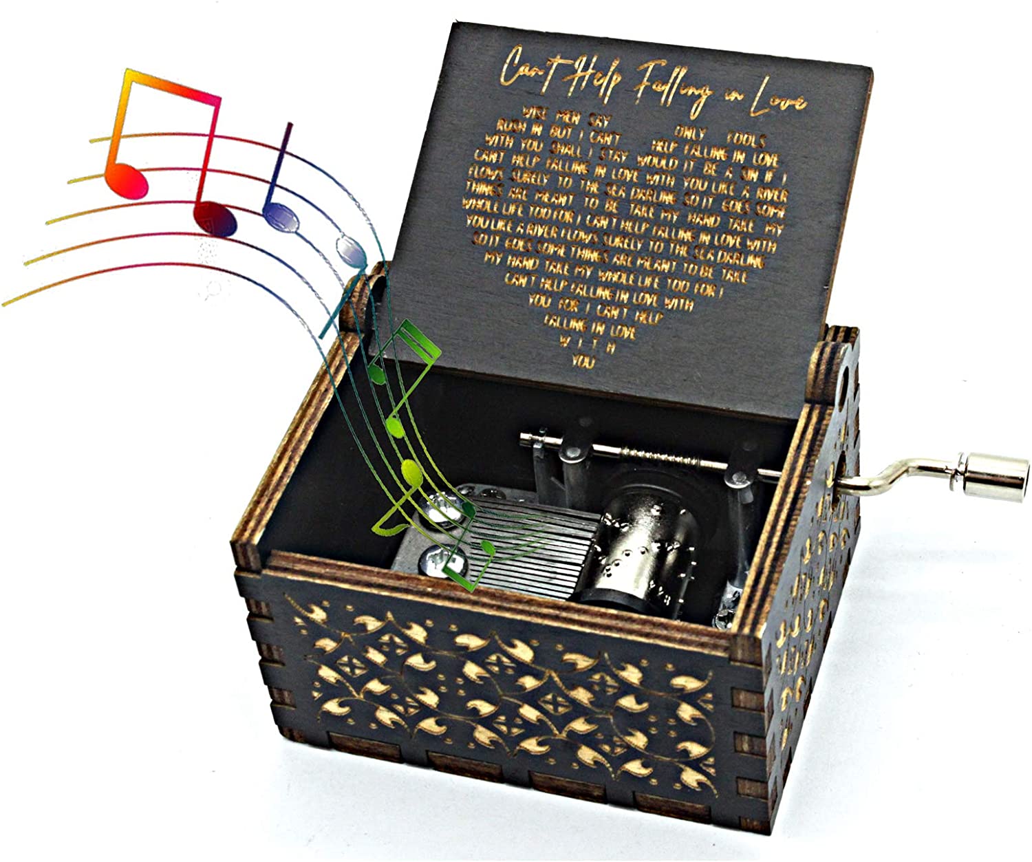 Colorful music notes are flowing out of a wooden music box which also has a crank handle on the side to wind up the box.