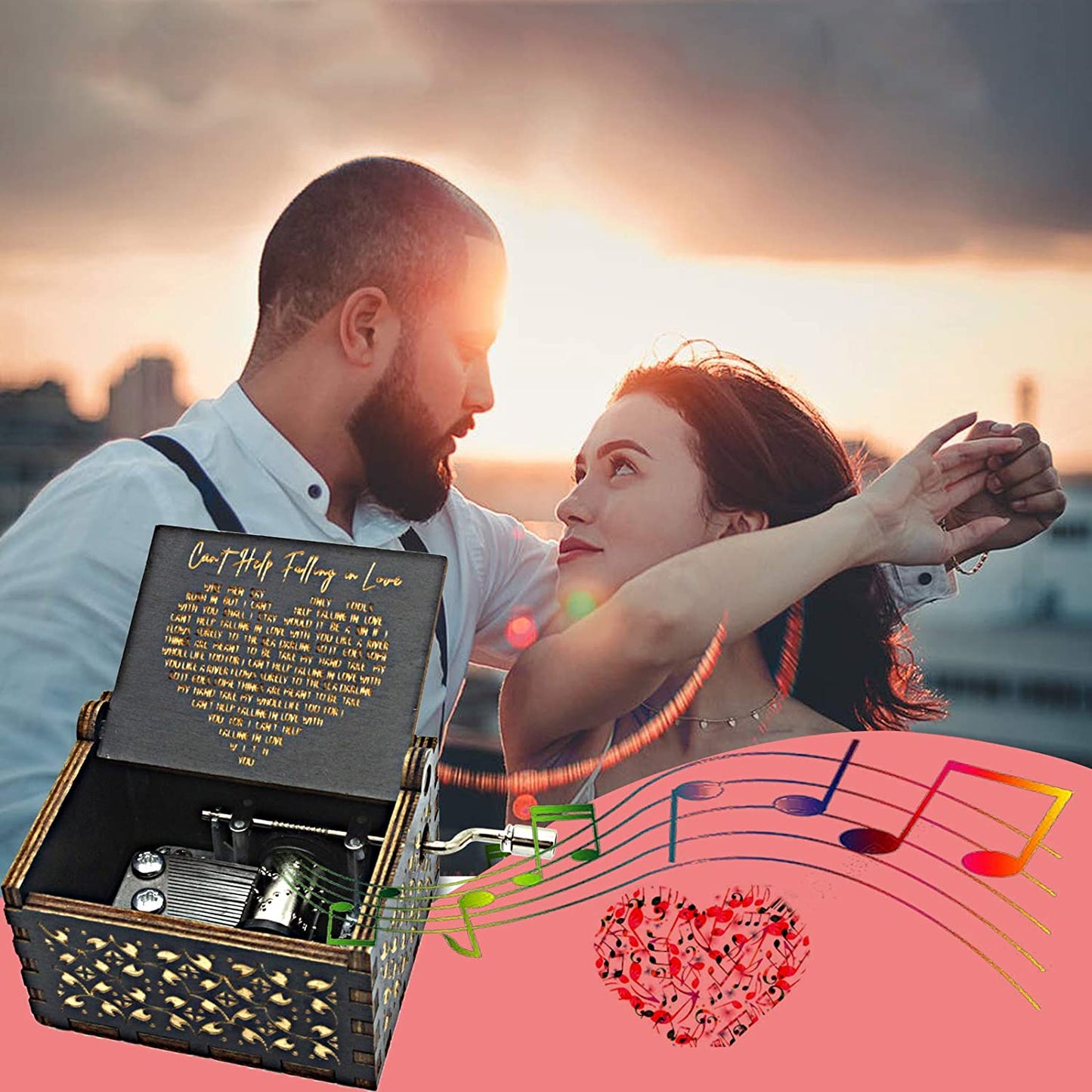 A couple are dancing at dusk and there is an old fashioned crank style music box photoshopped onto the image of the couple.
