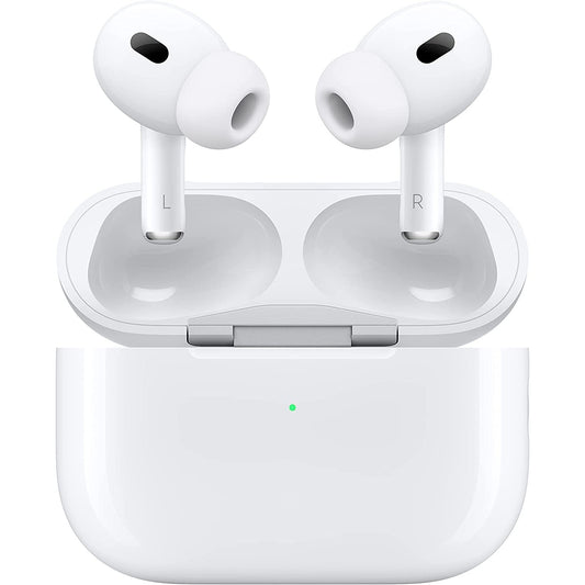 A pair of white Apple AirPods with a charging case.