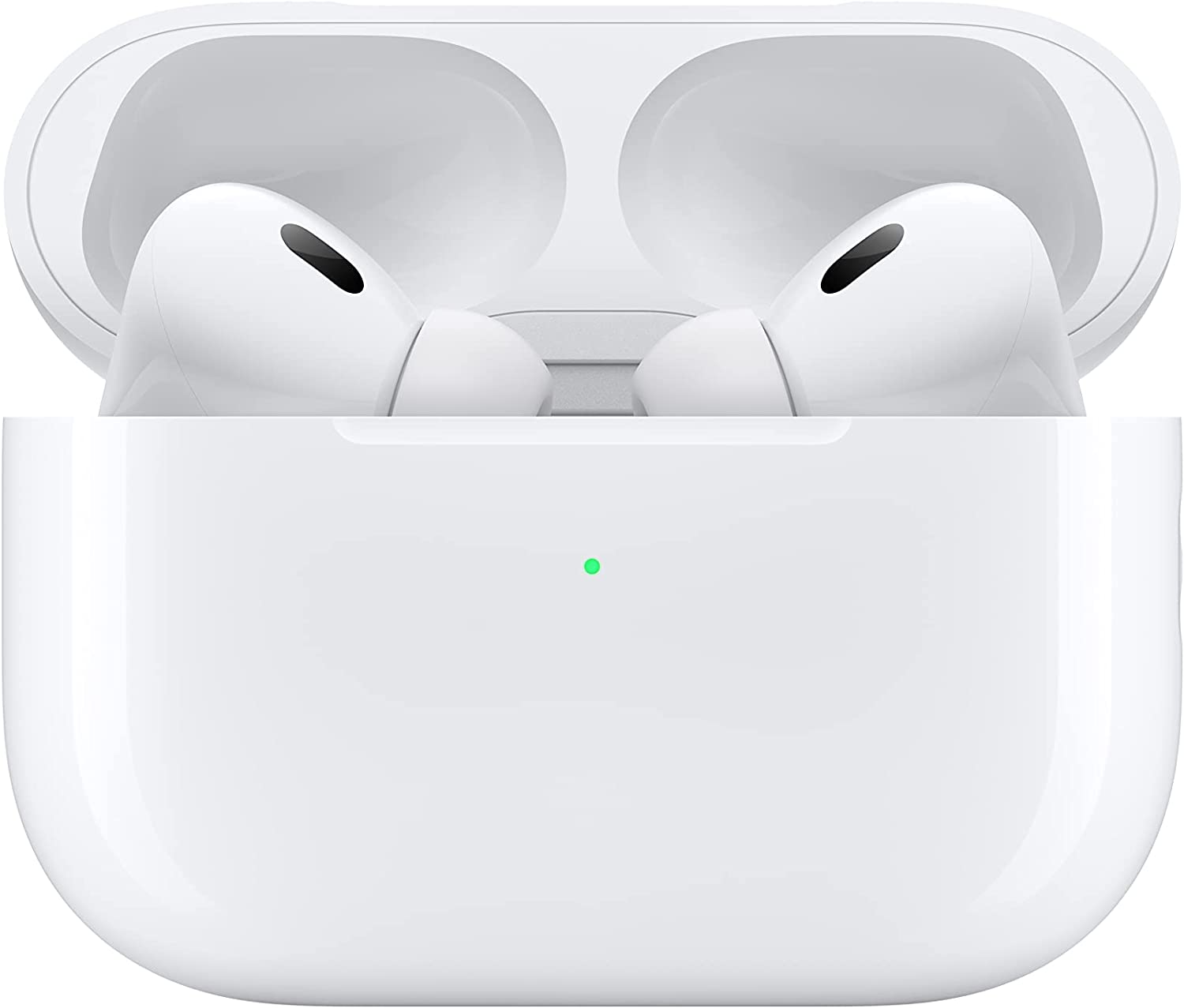 A pair of Apple AirPods resting inside their charging case.