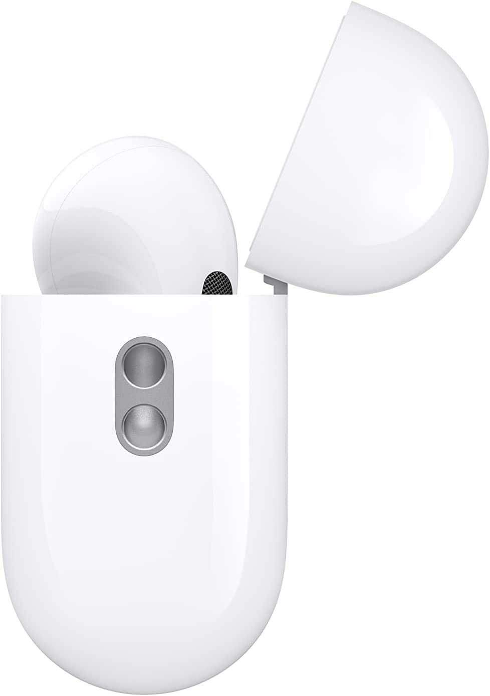 A side view of a pair of Apple AirPods in a charging case.