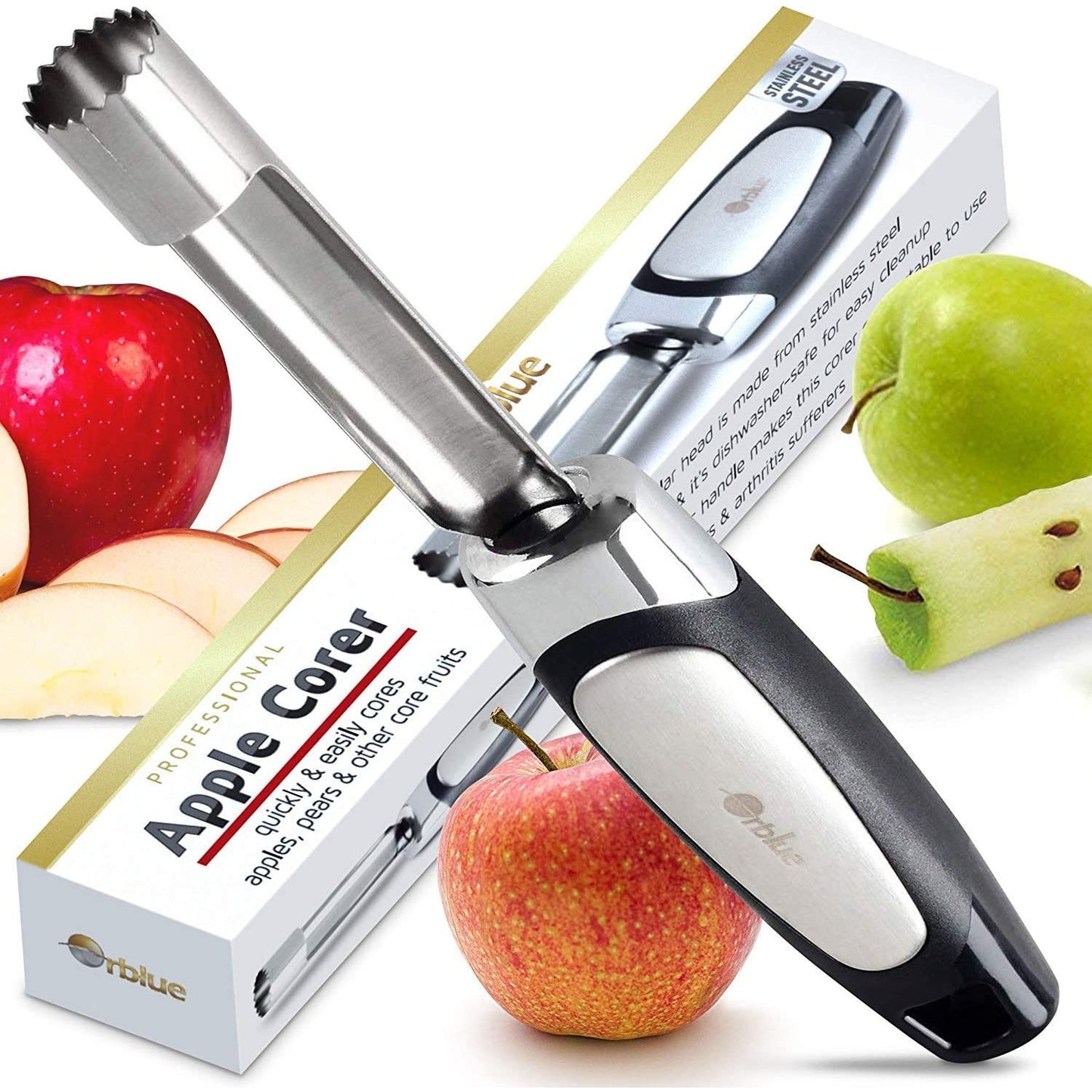 A stainless steel apple corer with a cored apple nearby. There are also two red apples nearby. The box for the corer can also be seen.