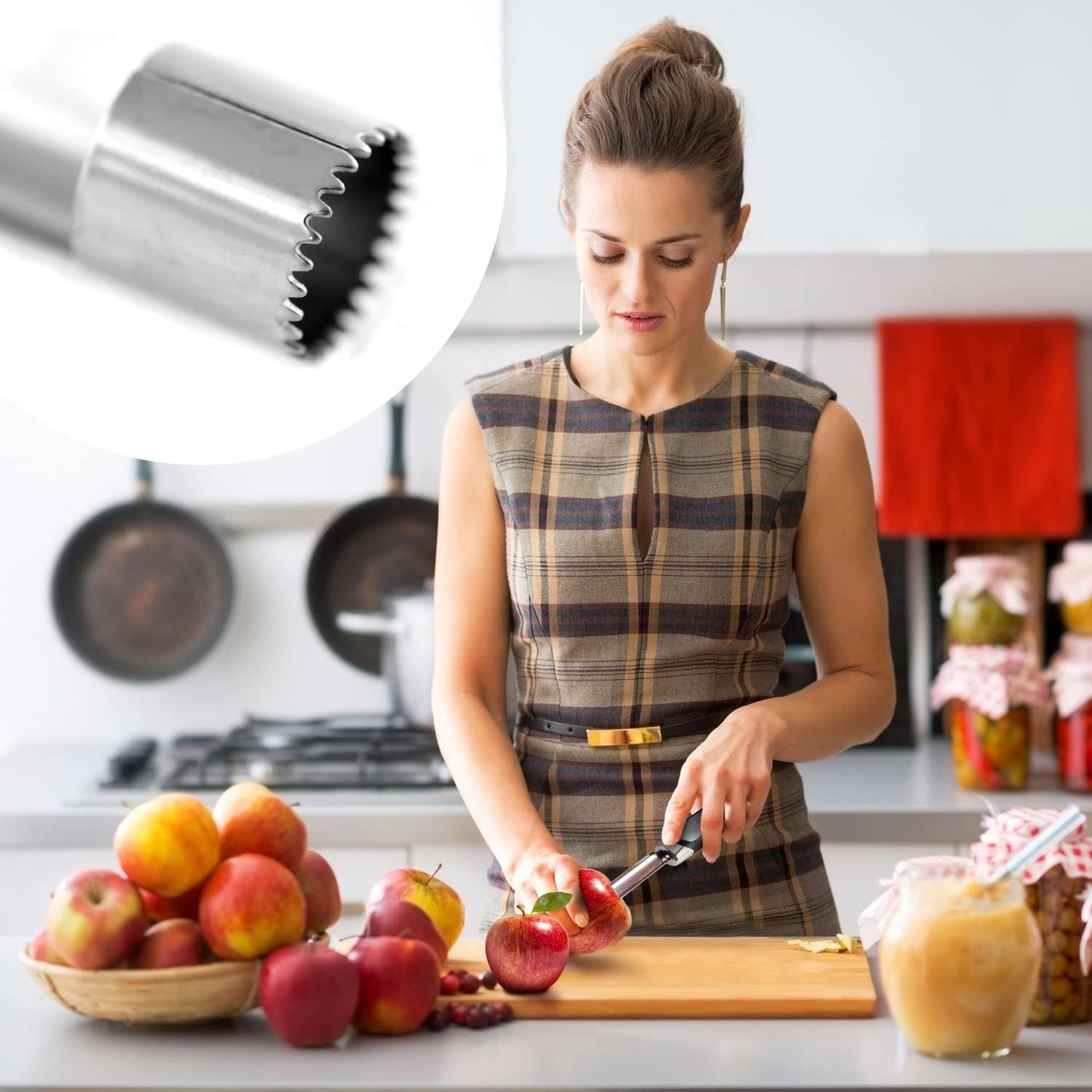 A woman is in a kitchen using an apple corer to core an apple.  There is an inset closeup image of the serrated tip of the corer.