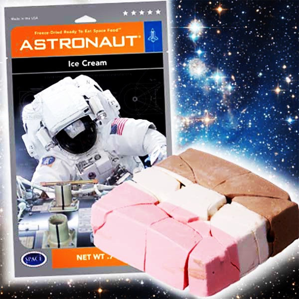 Package of freeze-dried astronaut ice cream with vanilla, chocolate and strawberry pieces against a space background