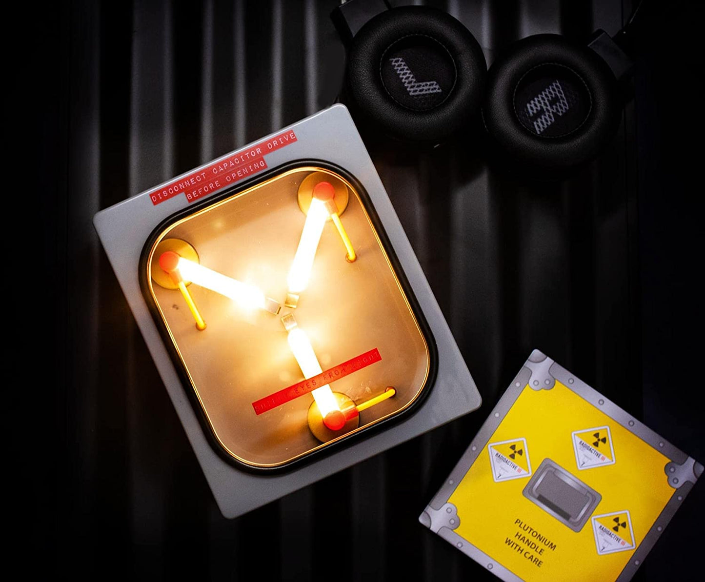 A Flux Capacitor mood light which is a replica of the flux capacitor from the movie Back to the Future.
