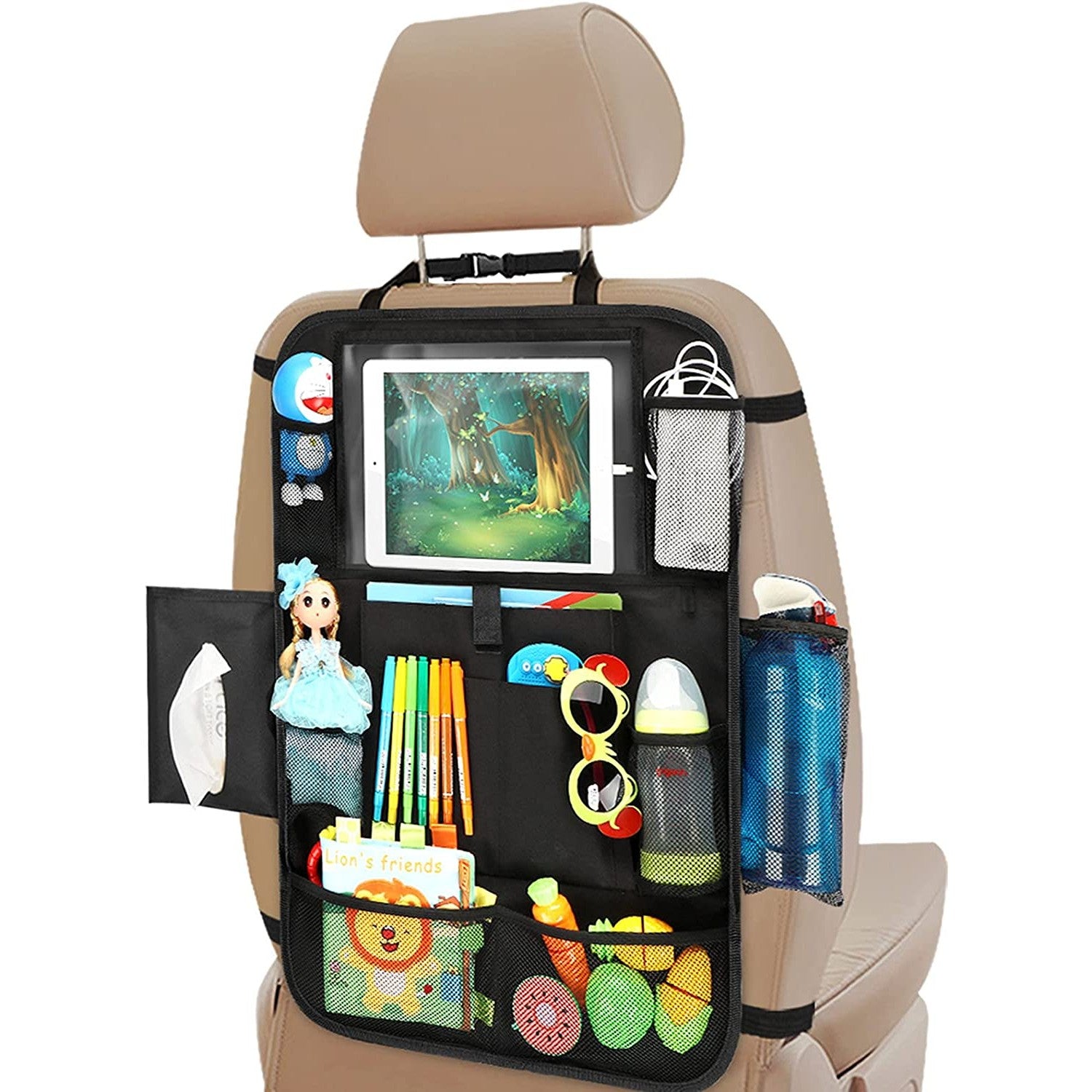 A backseat car organizer strapped to the back of a car seat. The organizer is full of different kids items neatly stored away.