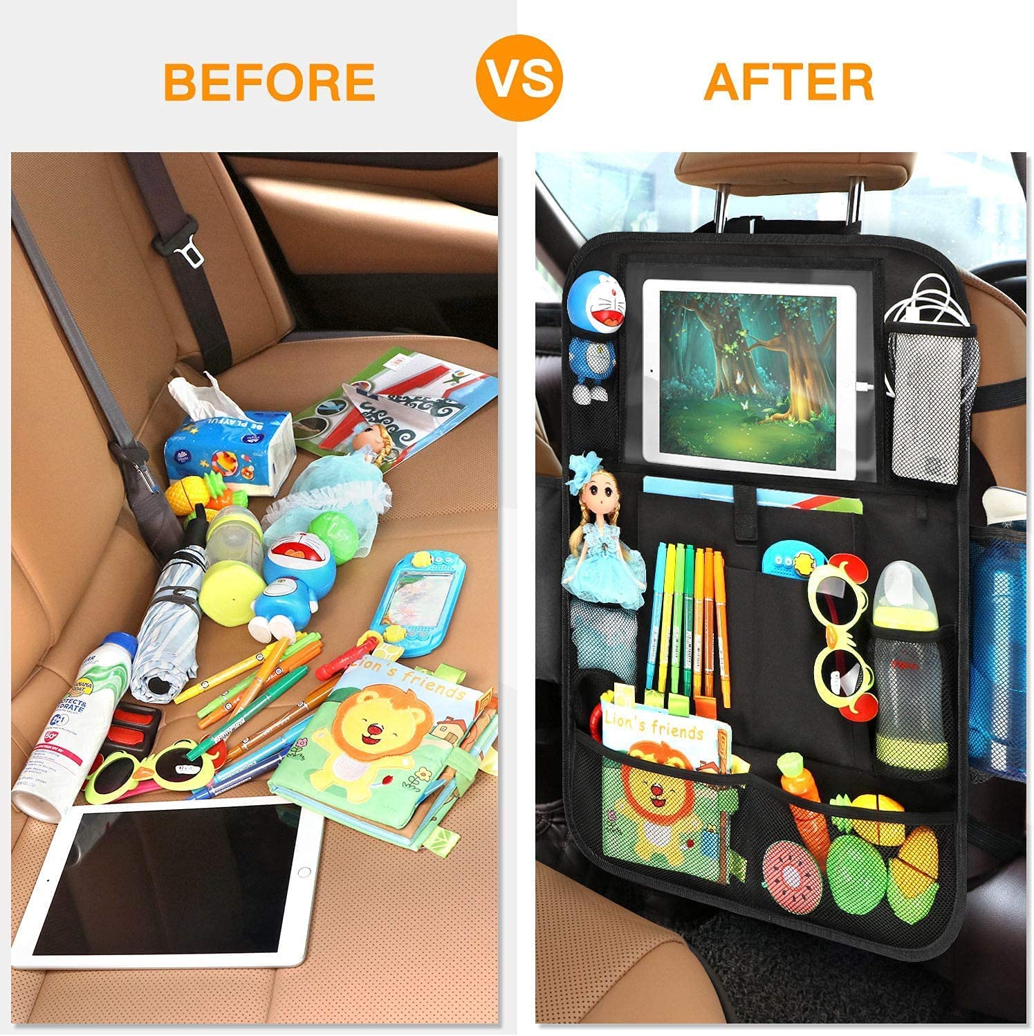 A before and after comparison of the backseat of a car. The before image shows a messy untidy backseat. The after image shows all the items neatly stowed away inside the organizer.