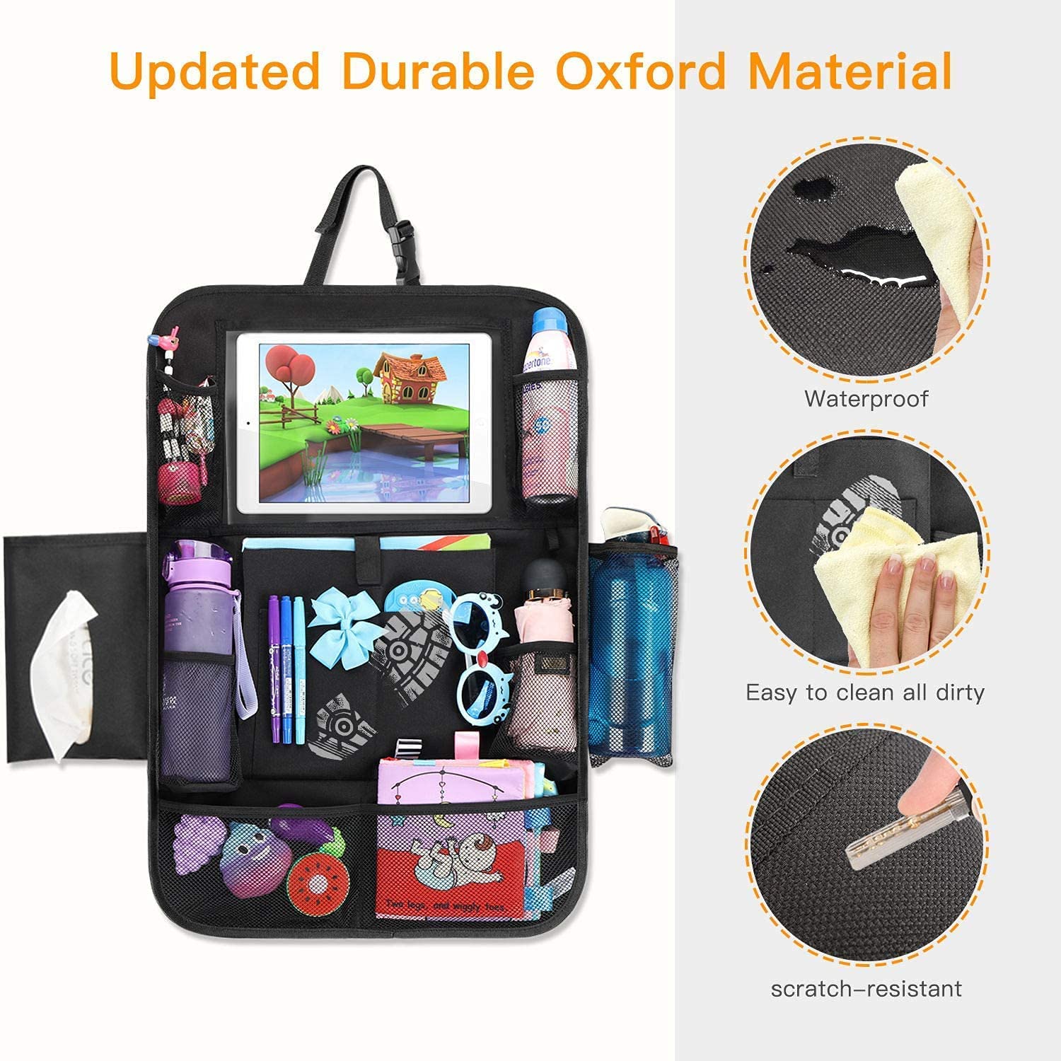 A collage of 4 images showing a neatly packed backseat car organizer. There are 3 inset images showing how easy it is to clean it. There is title text which reads, 'Updated durable Oxford material.'