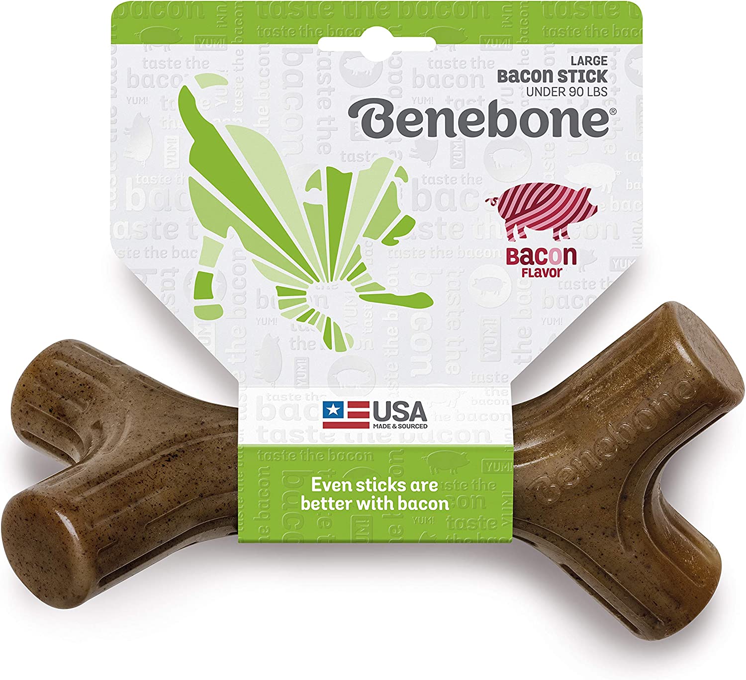 The packaging for a bacon chew toy for dogs by Benebone. 