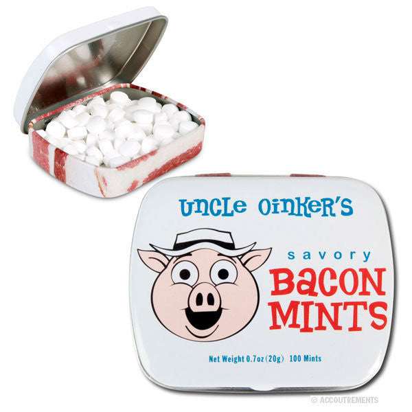 White tin of savory bacon-flavored mints with cartoon pig illustration and small white mints inside