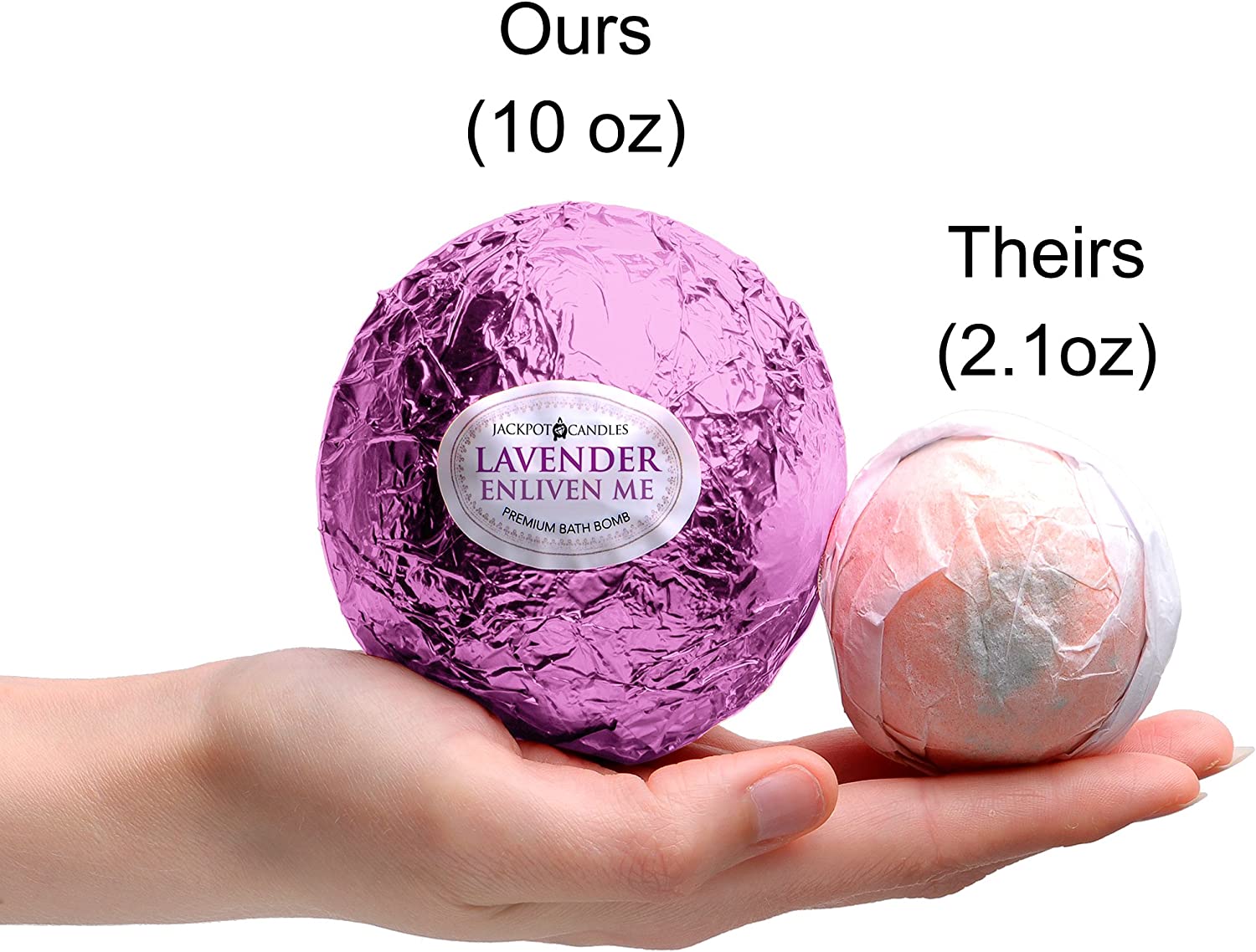 Two bath bombs are in the palm of a hand. One says, 'Ours is 10 oz.' The other says, 'Theirs is 2.1 oz.' This is to show the comparison between other smaller sized bath bombs.