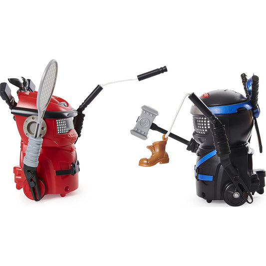 A black and red pair of Ninja bots which are battling robot toys. They are both holding funny weapons and facing each other.