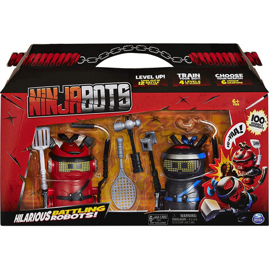Two Ninja Bots in their original unopened packaging. The text on the box reads, 'Ninja Bots, hilarious battling robots.'