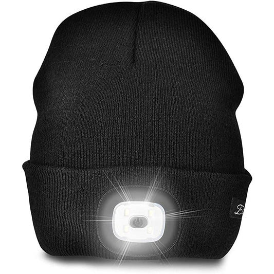 A black beanie with inbuilt light at the front which is turned on brightly.