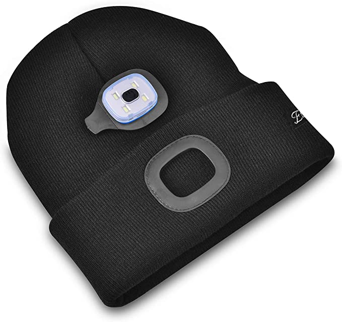 A beanie with built in light, the light has been removed to show the back of the light.
