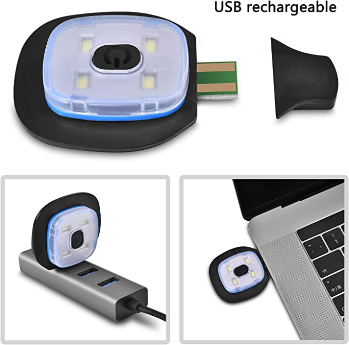 A collage of 3 images which all show the torch which is used in conjunction with a beanie. It shows that the light is a USB rechargeable torch and can be charged with a power bank or laptop.