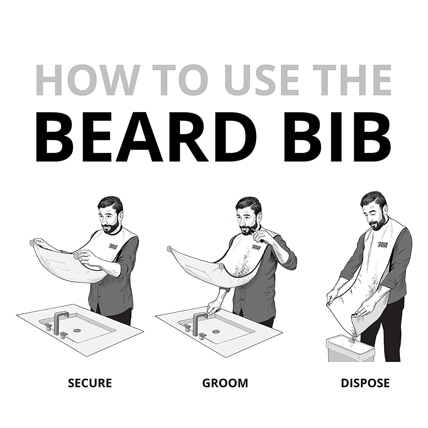 A 3-step instruction guide on how to use the beard bib.