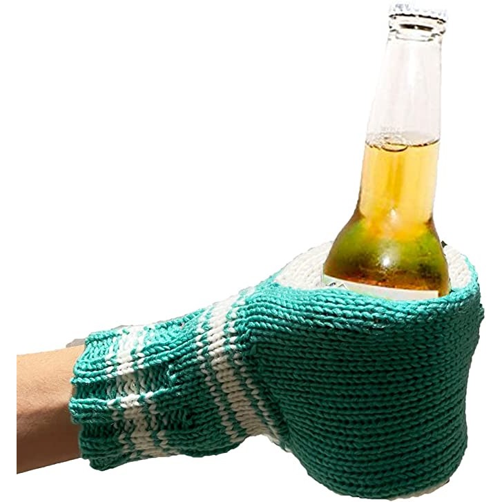 A hand and arm wearing a green knitted beer mitt while holding a beer.