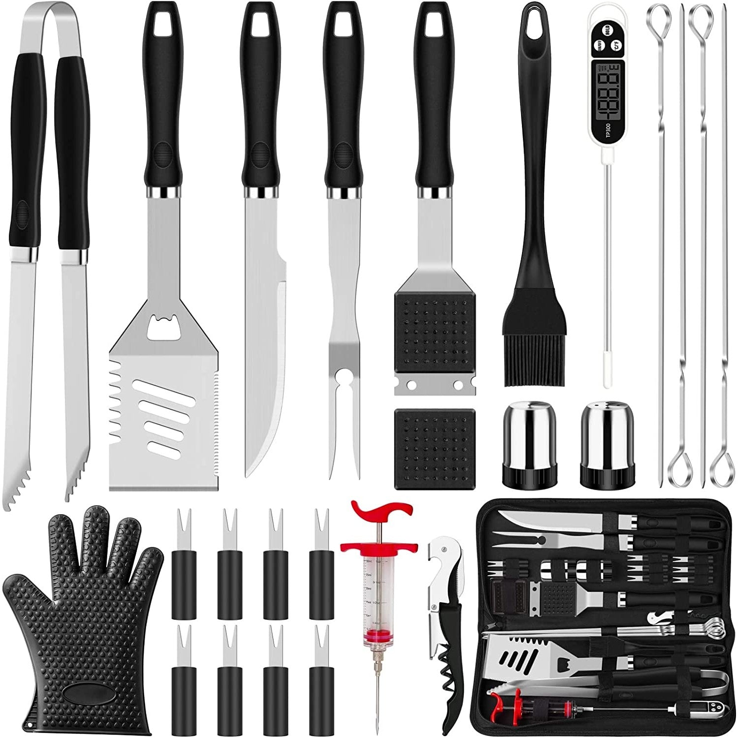 26 bbq grilling tools laid out on a white background. There is an inset image of all the 26 tools inside a black carry bag.