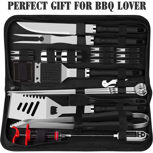 A bbq grilling accessory tool kit. There are 26 barbecue tools neatly placed inside the bag.