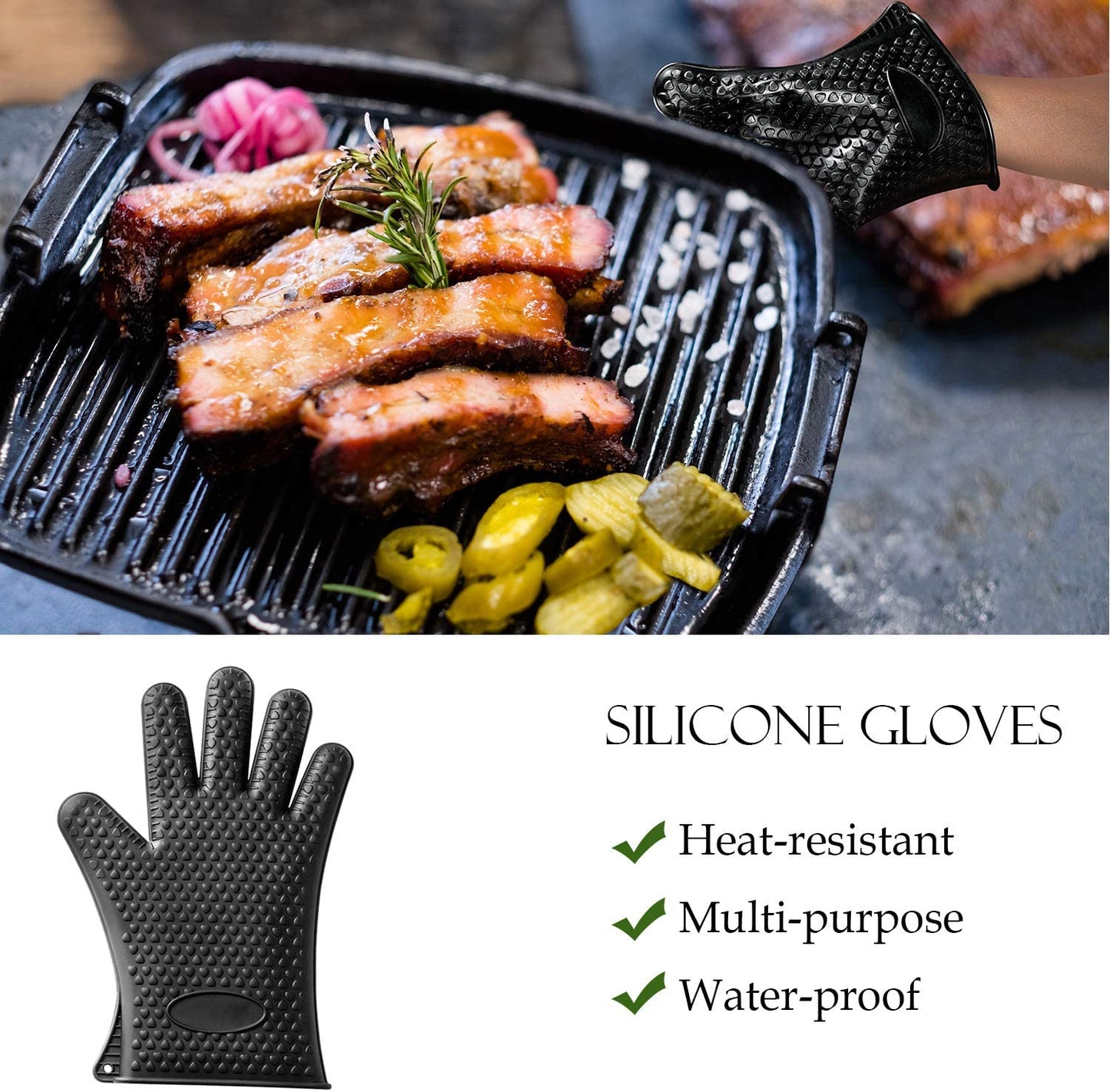 A bbq griller with meat, pickles and onions on top of the grill. Below is a silicone glove with text that reads, 'Heat resistant, multi-purpose, water-proof.'