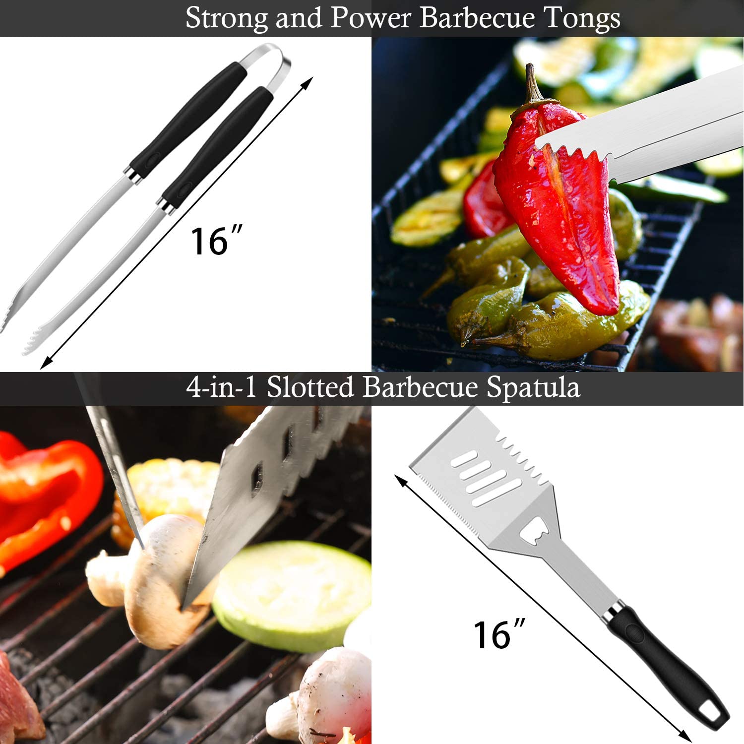 A collage of 4 images. Two of the images show 2 bbq tools and the other two images show the tools in use picking up food off a grill.