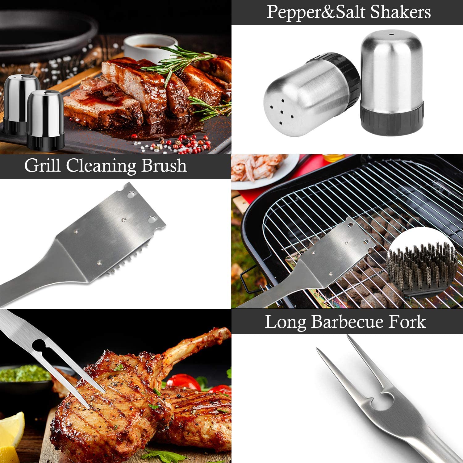 A collage of 6 images showing various bbq tools and the tools being used on a grill.