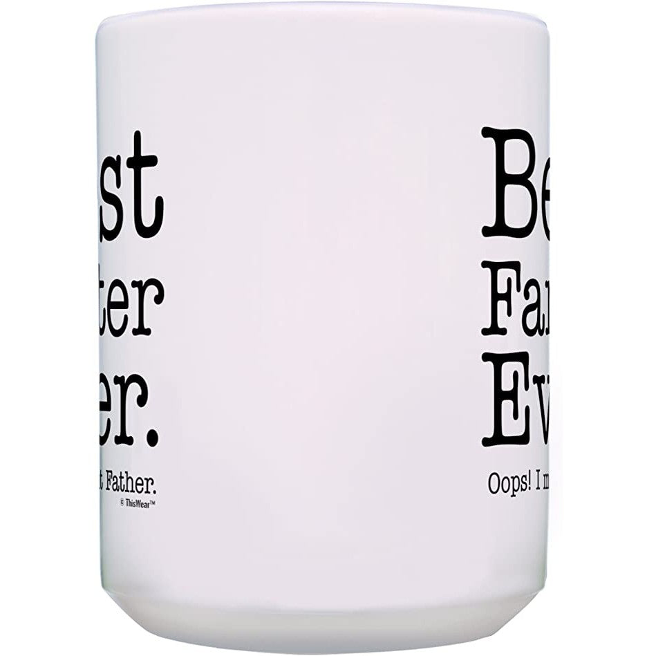 A side view of a white coffee mug which has some text printed on it which cannot be clearly seen due to the side angle.