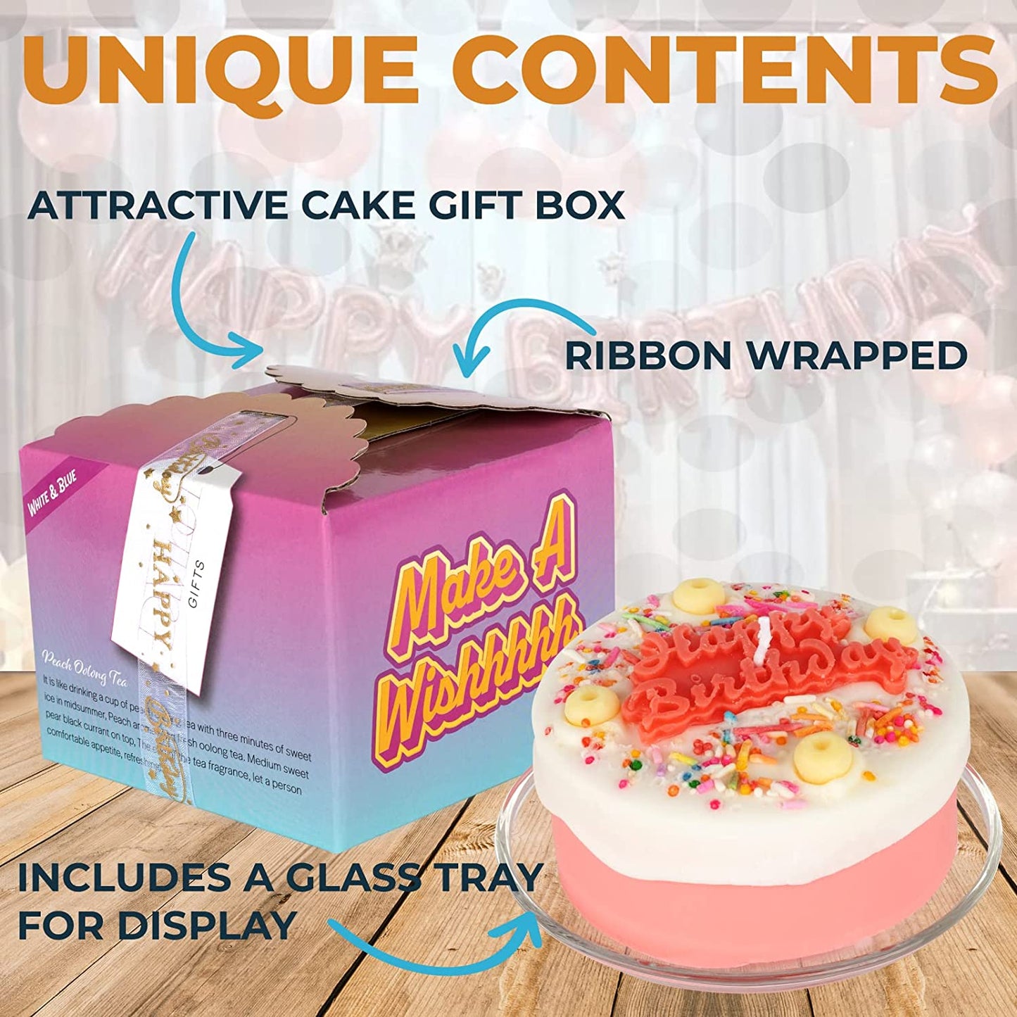 A candle shaped like a birthday cake with happy birthday written on the top of it. Also features text which says, attractive cake gift box, ribbon wrapped and includes a glass tray for display.