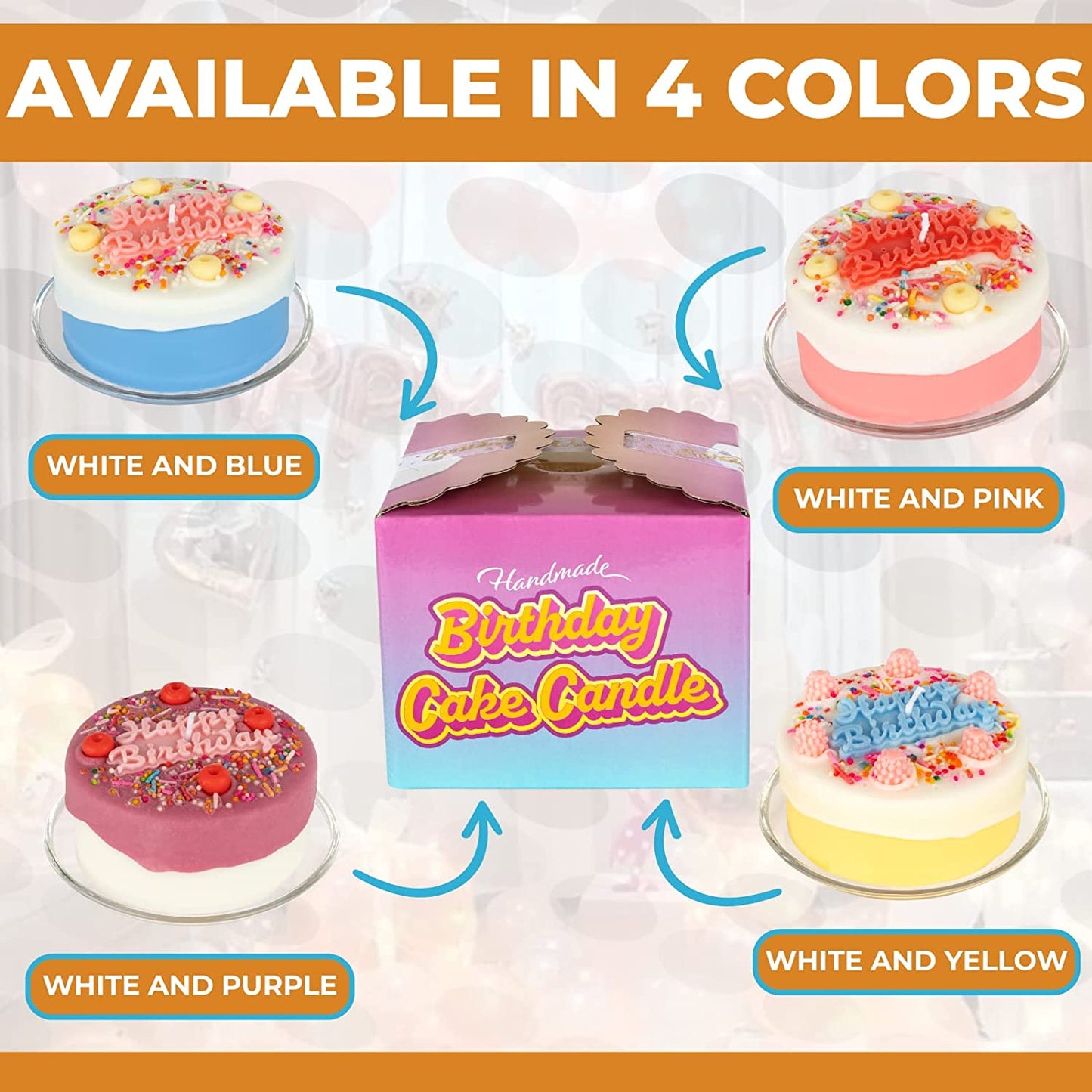4 candles shaped like birthday cakes. There is text which says, 'available in 4 colors'. The four colors are white and blue, white and pink, white and purple plus white and yellow.