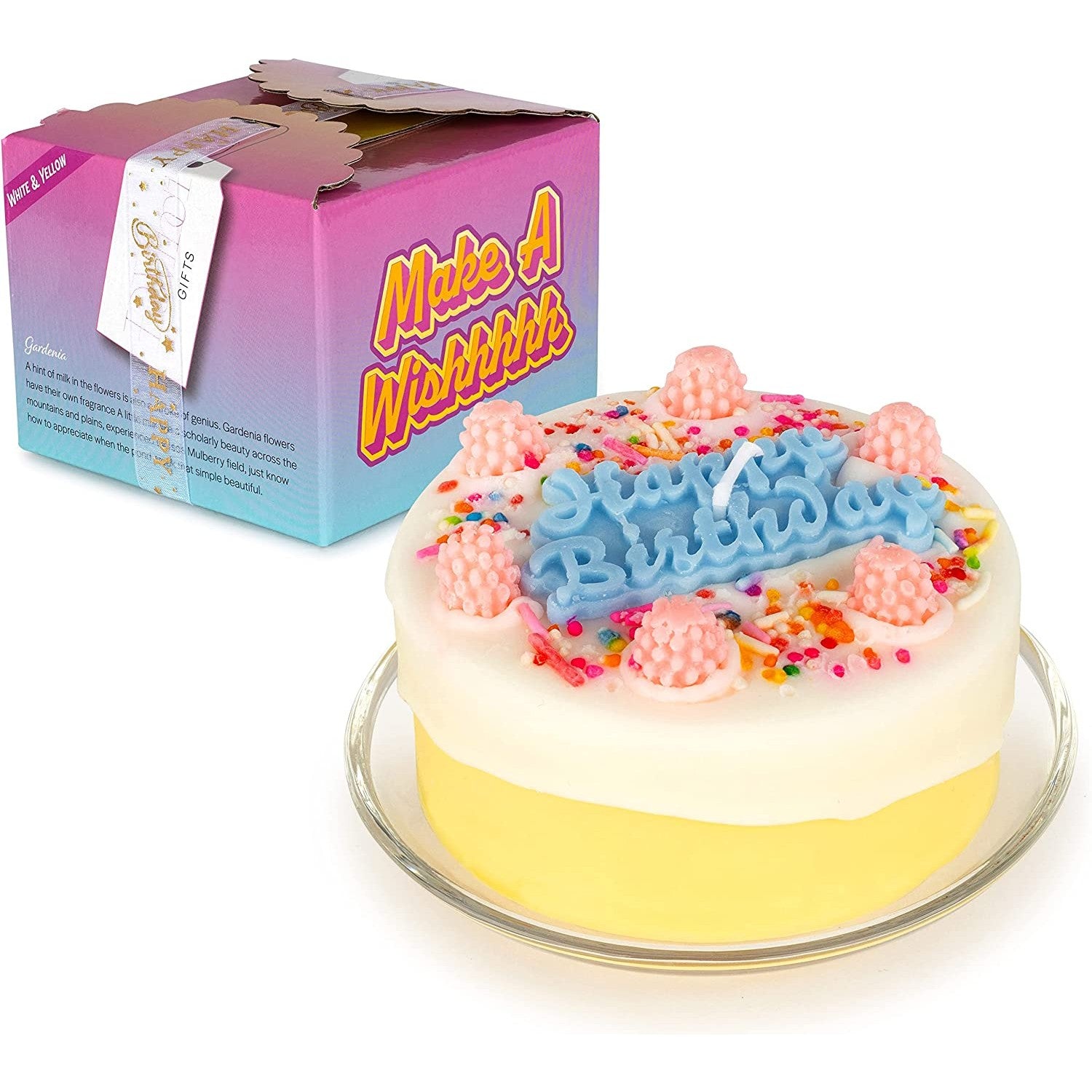 A candle which is shaped like a birthday cake with white frosting and happy birthday written on the top of it. It also comes with its own blue and purple gift box.