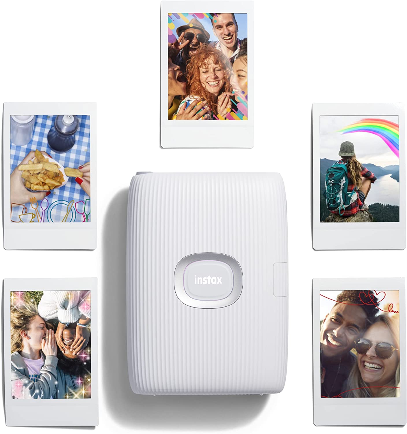 A close up view of a Bluetooth smartphone printer by Instax. There are five printed photos laying next to the printer.