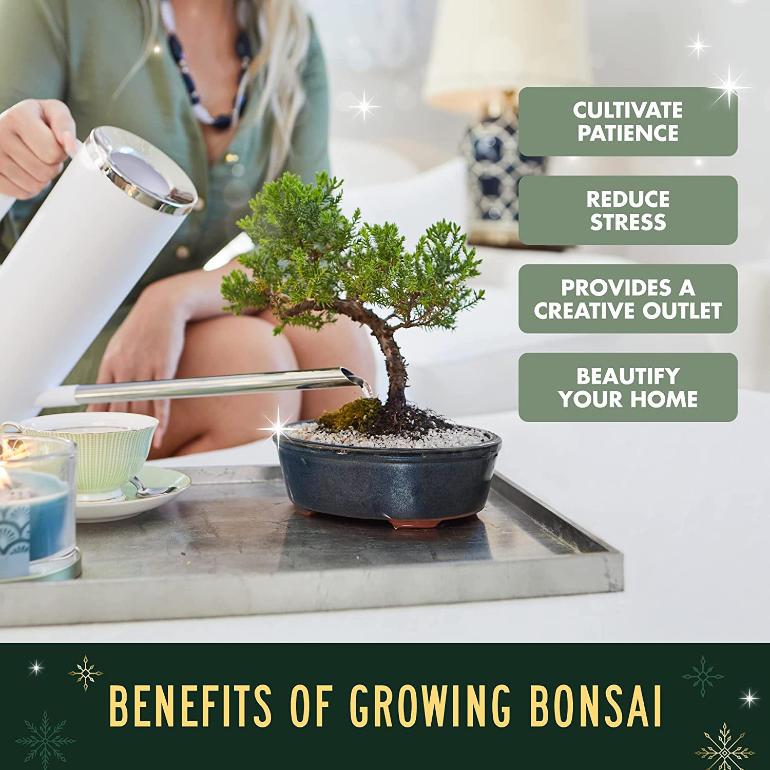 A person is watering a bonsai plant. Referring to the bonsai starter kit there is text which reads, 'Cultivate patience, reduce stress, provides a creative outlet, beautify your home.'