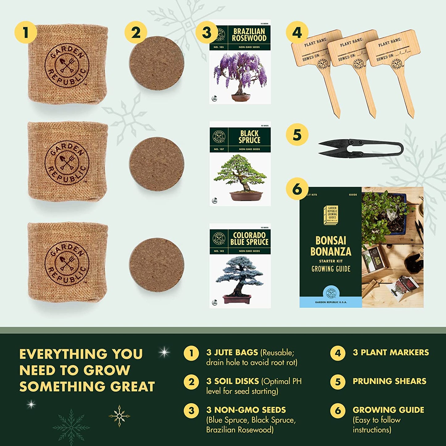 All the contents of a bonsai starter kit. There is text which reads, 'Everything you need to grow something great.'