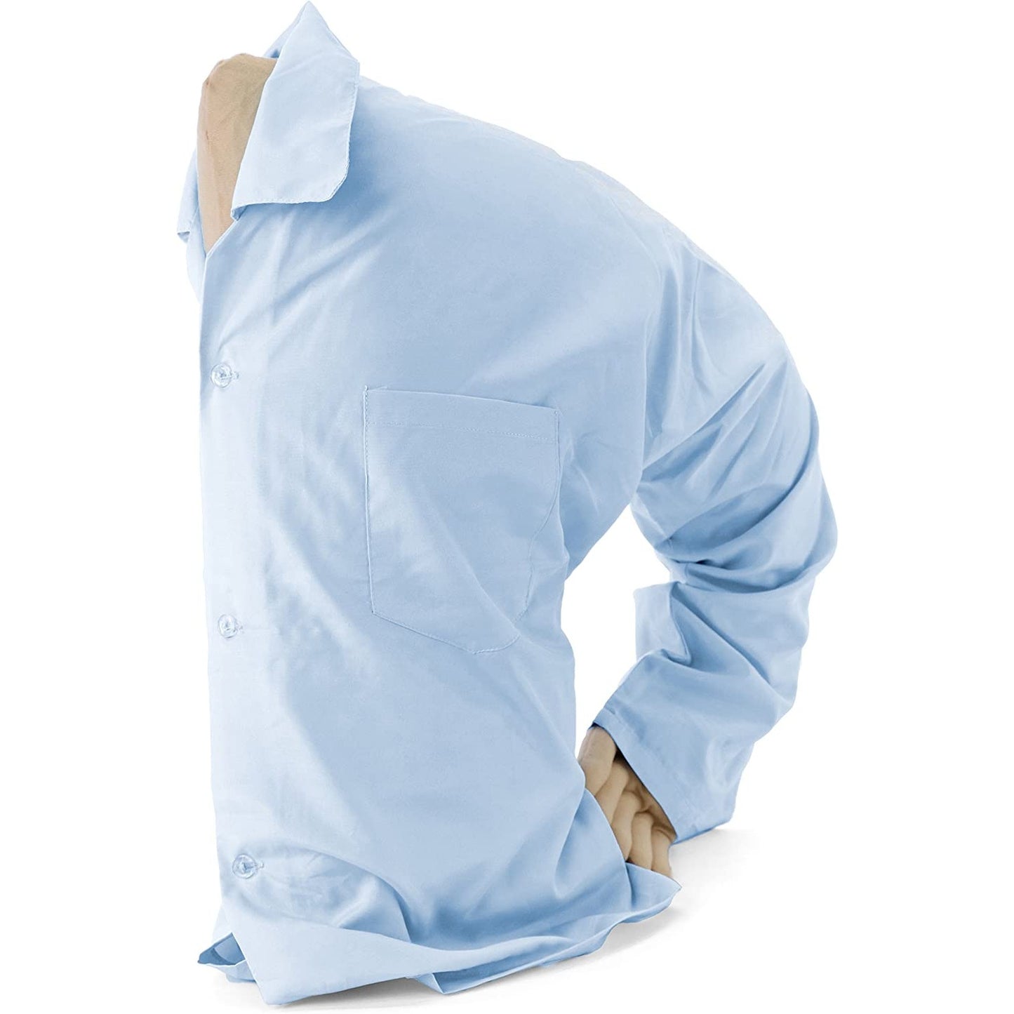 A boyfriend pillow wearing a blue shirt.