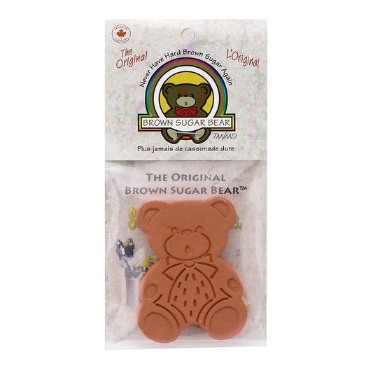 A brown sugar saver bear in plastic packaging.