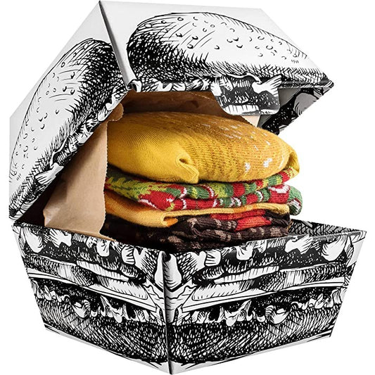 A burger socks box which contains pairs of socks which resemble a burger in a takeaway container.
