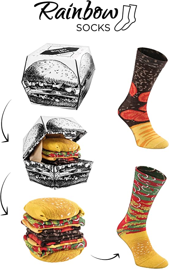 A collage of images showing how a burger socks box works.