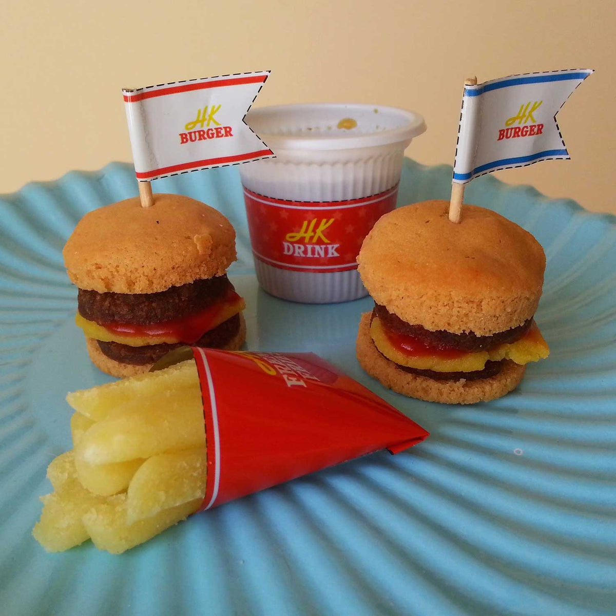 Japanese DIY candy kit with miniature candy burgers fries and drink