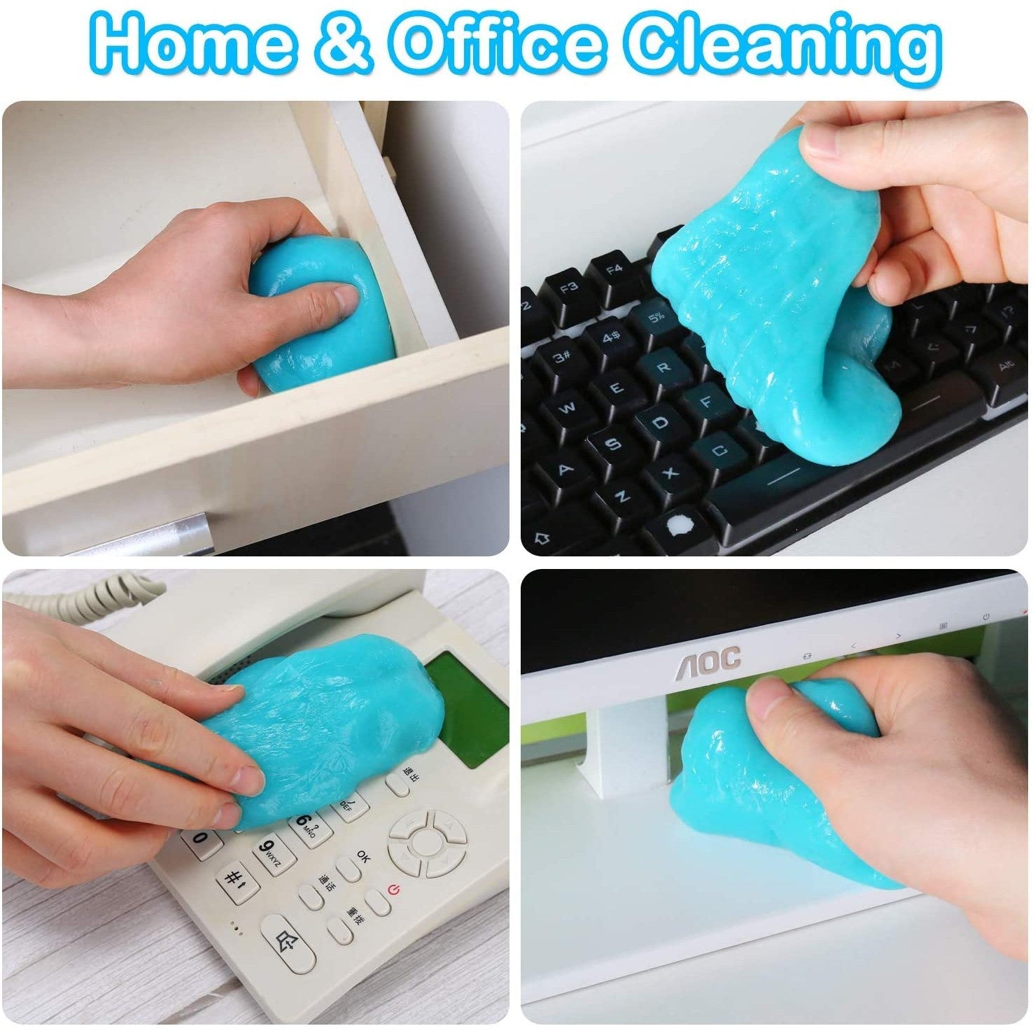 A collage of 4 photos showing blue gel being used to clean various objects and areas.