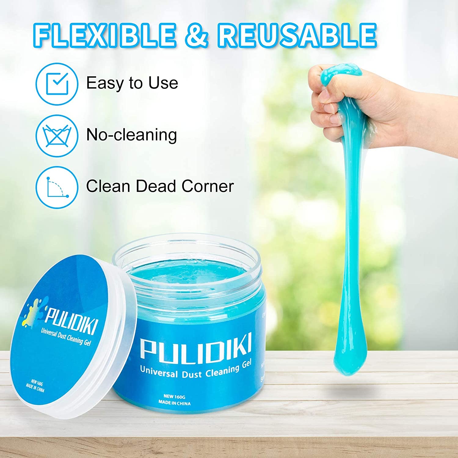 Blue cleaning gel in a jar which is designed to easily collect dust and dirt. The headline reads, 'Flexible and reusable'. 
